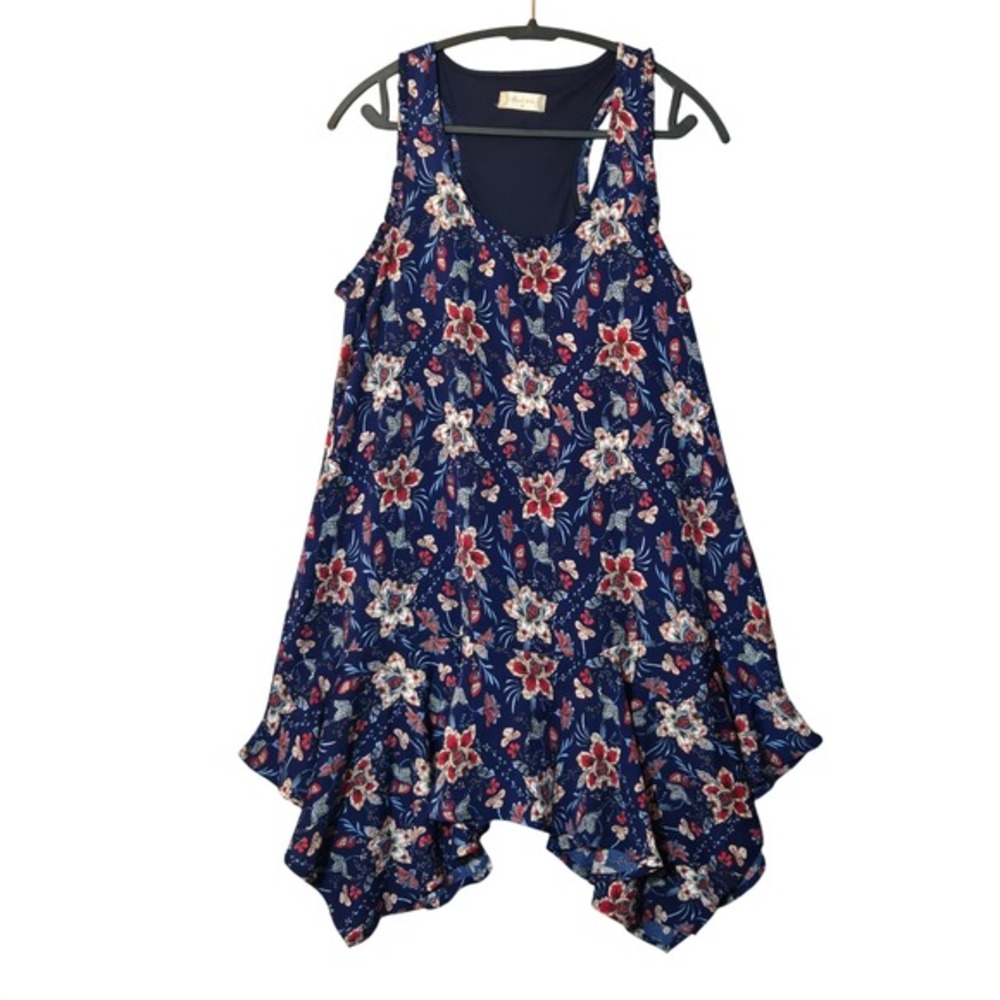 Altar'd State Floral Sharkbite Hem Sleeveless‎ Dress Navy Blue M Boho Feminine